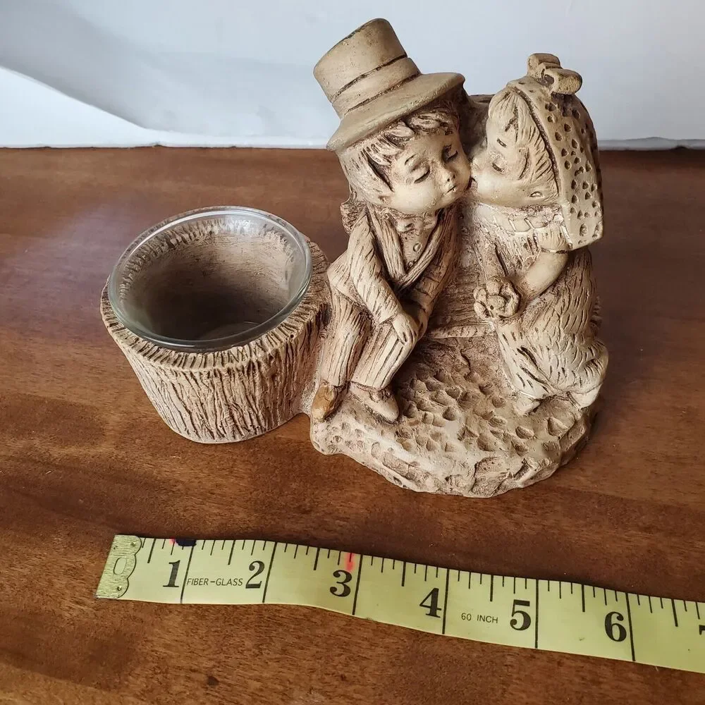 Ricardo Vintage Wood Carving Votive Candle Holder Fancy Couple Kissing On Bench